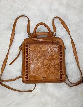 The Sak Brown Leather Embossed Convertible Backpack Purse Adjustable Straps